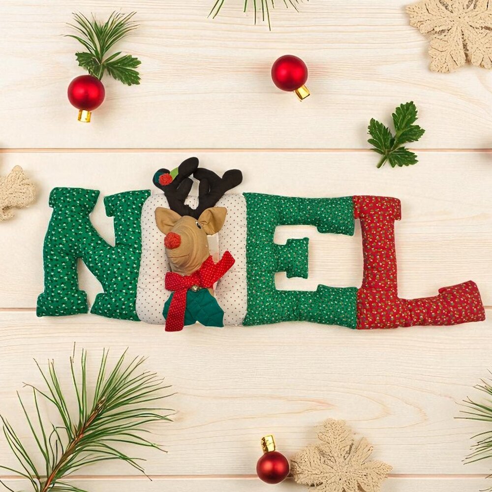 VTG Christmas Noel Banner Quilted Stuffed Wall Decor Reindeer Rudolph Handmade